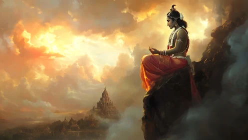 Skyline sage in saffron calm above temple-cloud kingdoms.