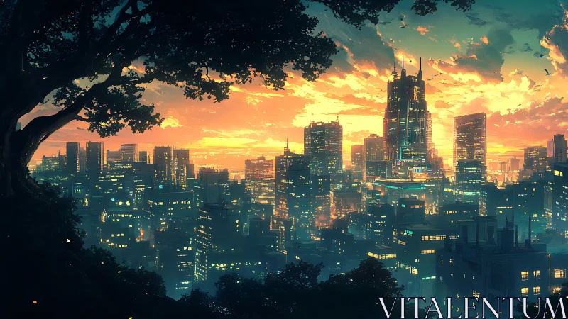 Dense futuristic city skyline under vivid sunset sky.