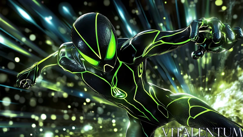 Neon cyber hero dives through kinetic light tunnel.