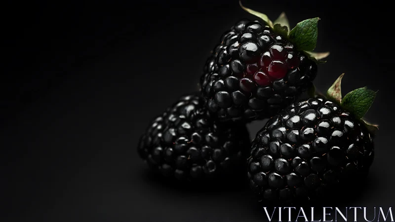 Studio closeup isolates three glossy blackberries on matte black
