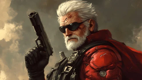 Older white haired soldier holds handgun and stares forward