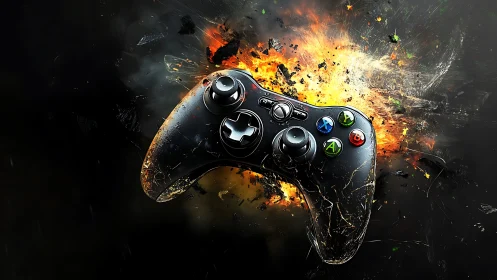 Gaming Controller in Explosive Destruction - High-Impact Composite Visualization