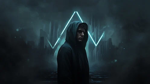 Hooded figure in neon lit dystopian city at night.