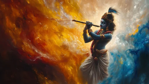 Divine blue figure playing flute amid swirling fire and mist