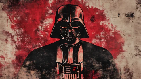 Masked dark figure dominates gritty red abstract field.