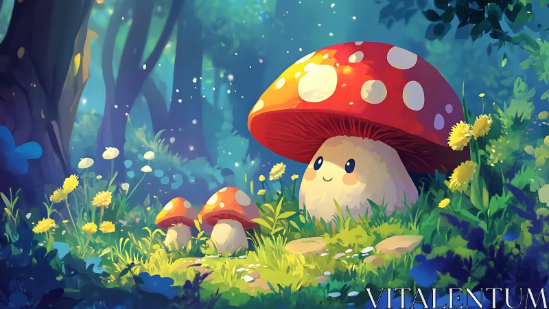 Whimsical stylized mushrooms render soft light in lush forest