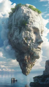 Floating stone face cliff over calm sea under blue sky.