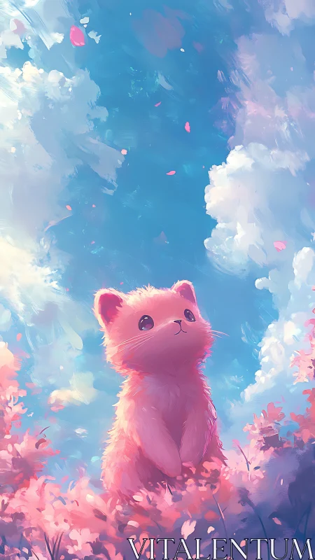 Dreamy pink kitten gazes at drifting petals under pastel sky.