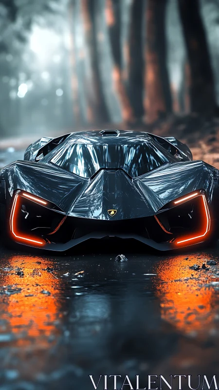 Futuristic hypercar prowls a misty forest road at dusk