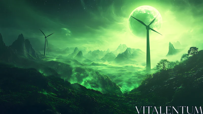 Luminous alien valley with colossal wind turbines at dusk.
