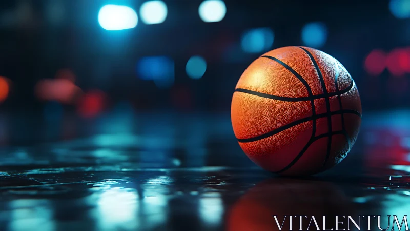 Lone basketball glowing softly on a quiet indoor court.
