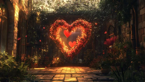 Illuminated heart-shaped floral arch in courtyard with glowing lights