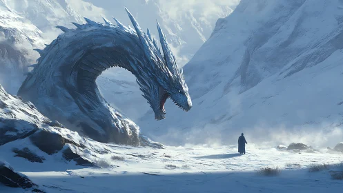 Frozen dragon encounter in a silent, snowbound mountain pass.