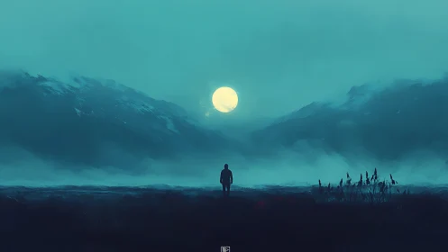 Solitary traveler greets a misty valley under a pale moon