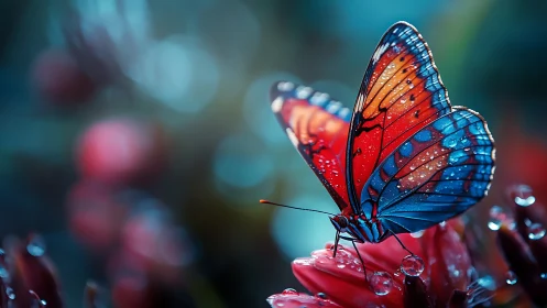 Macro view of red blue butterfly on flower after rainfall.