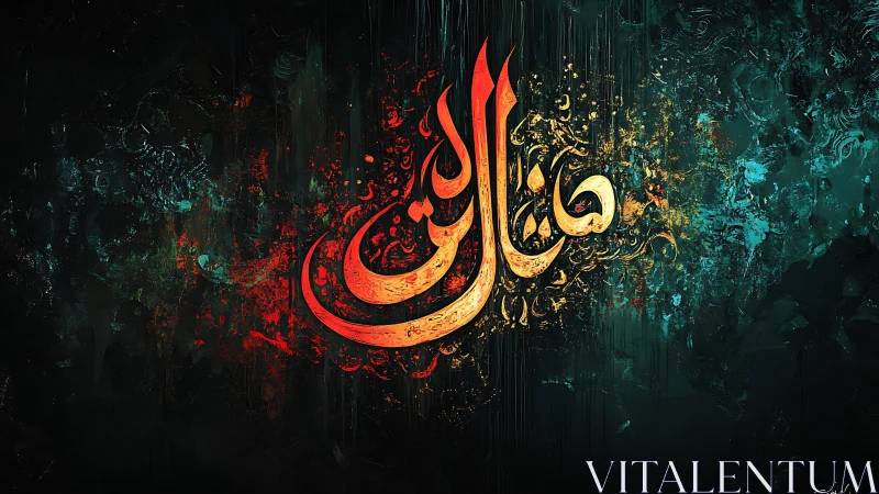 Arabic calligraphy glows within dark abstract textured field