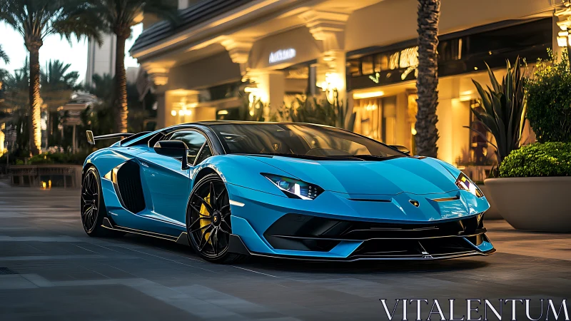Lamborghini V12 supercar in teal under warm urban twilight