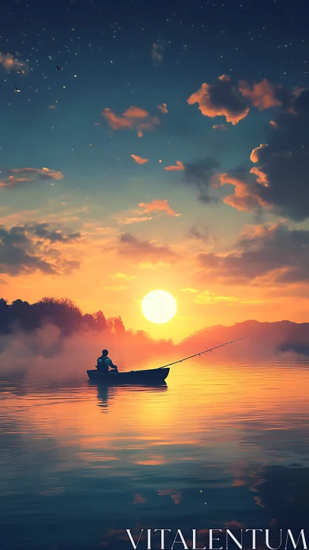 Solitary dream fisher adrift beneath ember drenched dawn.