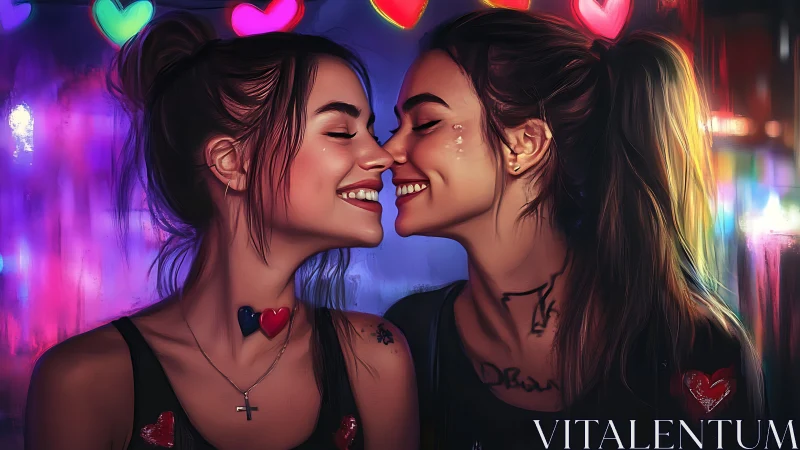 Neon-Lit Love: Two Women Sharing a Joyful Moment in Vibrant Urban Glow