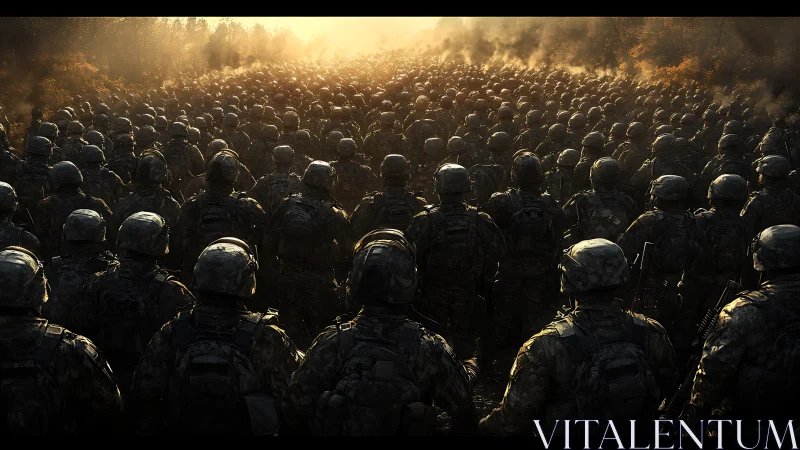 Vast armored battalion advancing into blazing dusk light.