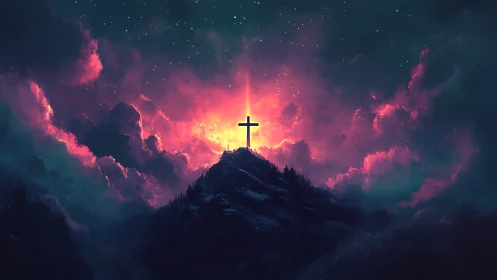 Lone cross crowns mountain beneath radiant nebula sky