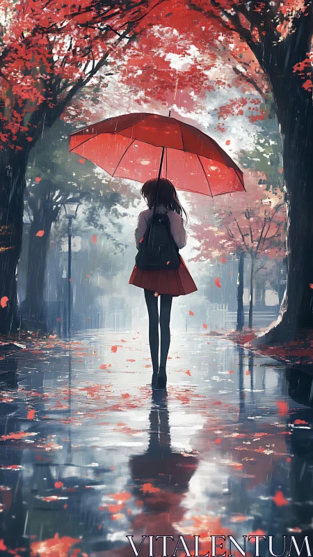 Girl under red umbrella on rainy tree-lined pathway.