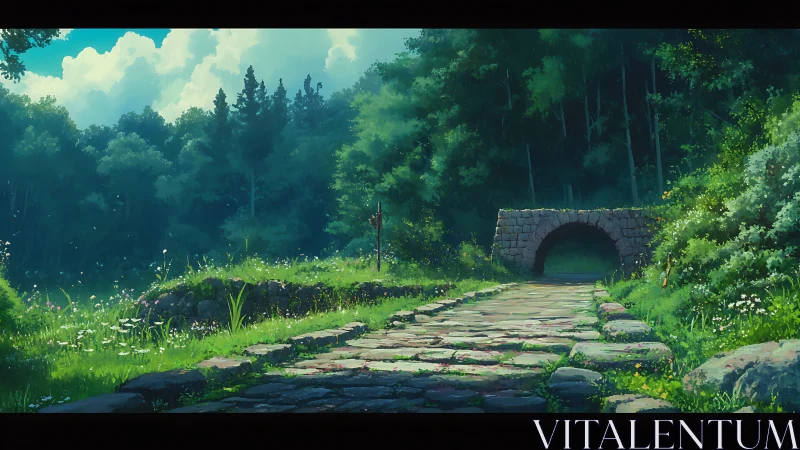 Sunlit stone path gently leads toward a quiet forest bridge