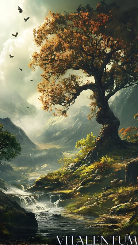 Golden valley tree beside whispering mountain stream.