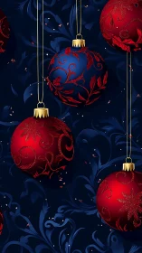 Ornamental red and blue baubles on baroque midnight backdrop.
