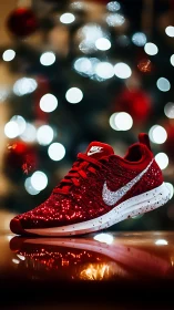 Glittering red sneaker with festive bokeh backdrop focus.