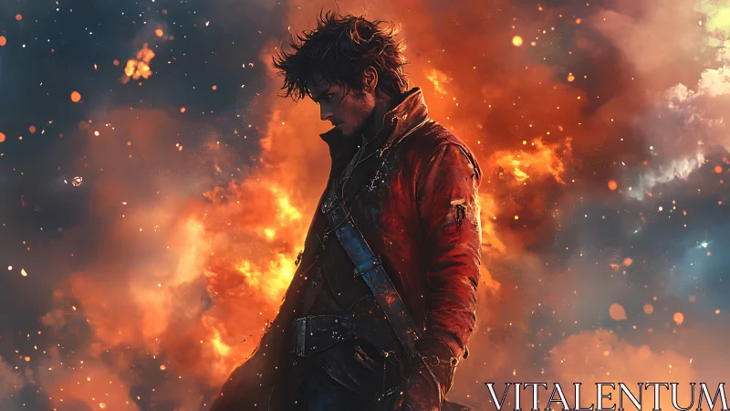 Brooding warrior in red coat against explosive firestorm.