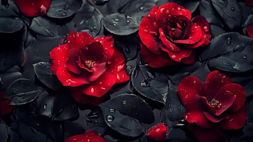 Red Roses Against Black Foliage, Jeweled with Raindrops.