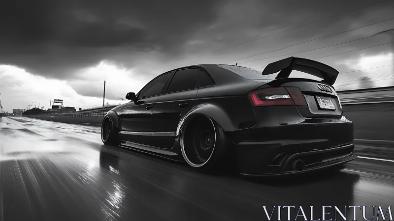 Sleek black Audi sedan races along a wet highway at speed.