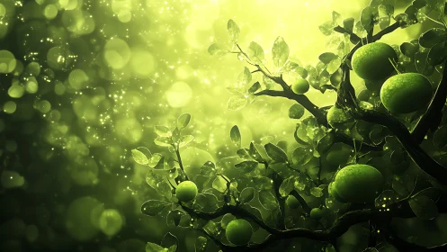 Backlit green fruit tree rendered with high-contrast bokeh field