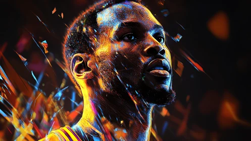 Electric portrait of a focused athlete amid neon energy shards