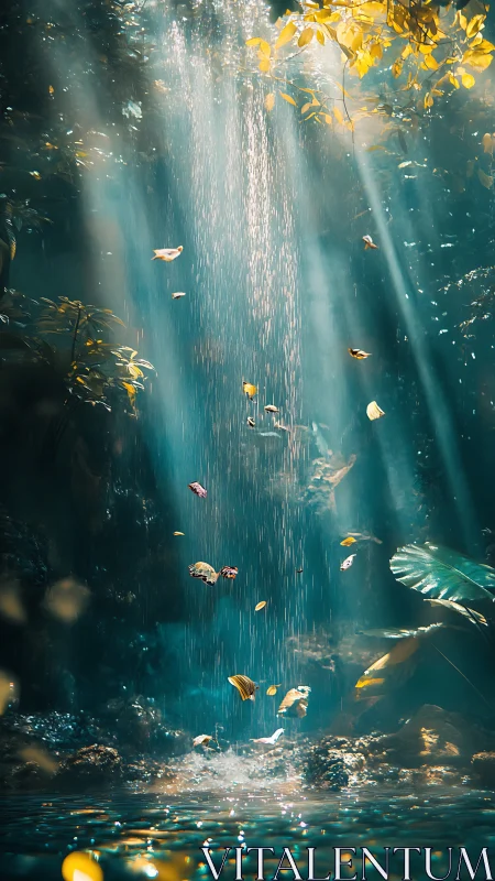 Backlit rainforest waterfall with volumetric light shafts and mist