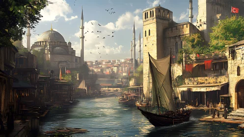 Sunlit Ottoman harbor dream with domes, sails and markets.