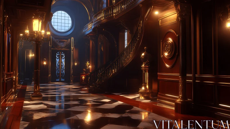 Gilded grand hall where marble floors sip molten lamplight.