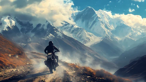 Solitary rider chasing morning light through high peaks.