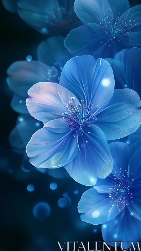 Ethereal Blue Flowers with Luminescent Petals and Bokeh Background.
