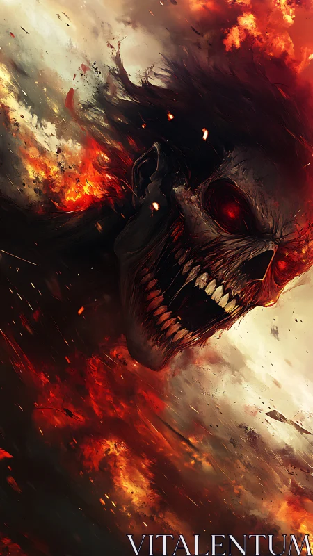 Digital painting of demonic flaming skull in oblique motion.