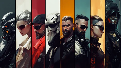 Cyberpunk character lineup in vertical segmented composition.