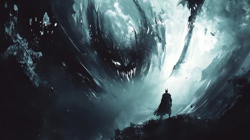 Caped silhouette confronting colossal spectral monster in storm