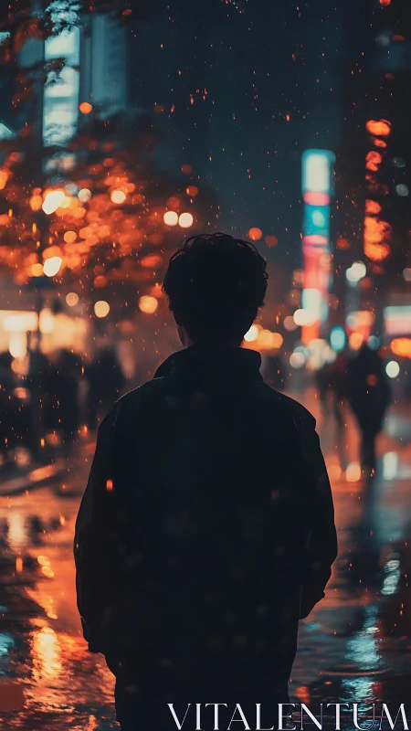 Silhouette facing wet city street with neon lights at night.
