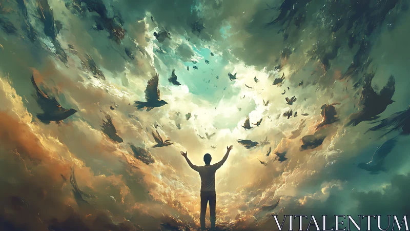 Silhouetted figure commands ascending birds in luminous storm sky