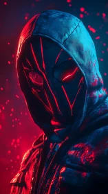Neon masked vigilante carves crimson light through midnight