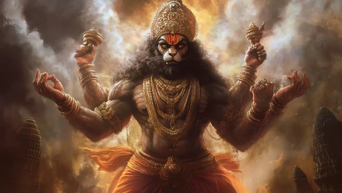 Lion-headed storm god ablaze in molten temple thunderclouds.