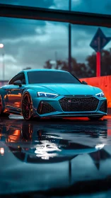 Low-angle render of teal sports coupe on wet reflective asphalt