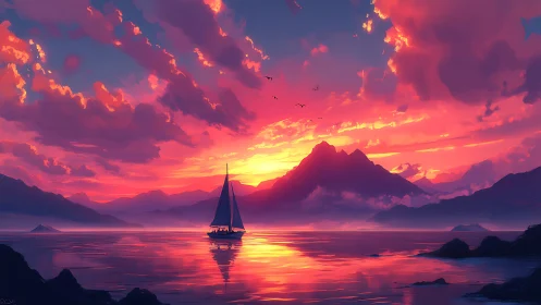 Radiant sunset voyage before misty violet mountains.