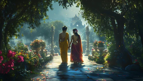 Sunlit lovers drift through a mythic garden toward distant domes
